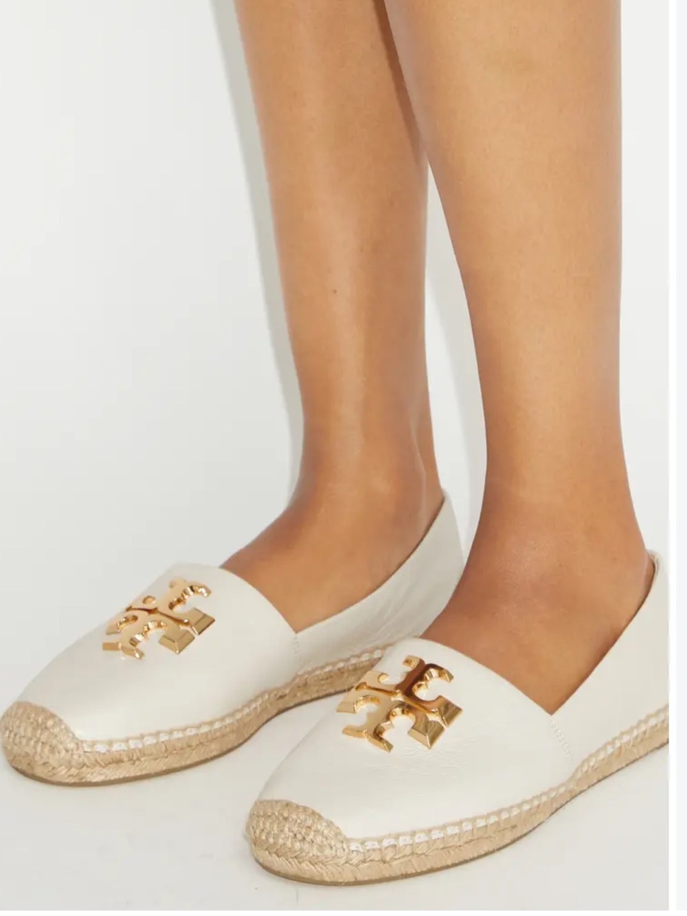 Tory Burch Eleanor size 5 Cream Leather Espadrille Flats with Gold Logo Emblem